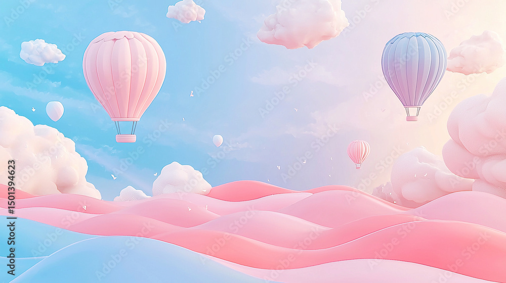 Obraz premium Cute cartoon vector background featuring pastel pink sky with clouds and hot air balloons, flat ocean waves below, in minimalistic style with high detail and no shadows or text.
