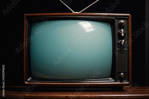 An old television with a blue screen sits on a wooden table, perfect for decorative or nostalgic use