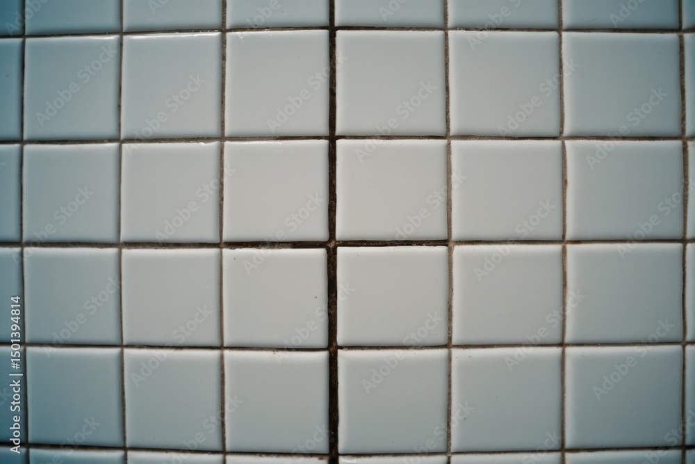 A close-up shot of a tiled bathroom wall with ceramic tiles and grout lines A close-up shot of a tiled bathroom wall with ceramic tiles and grout lines