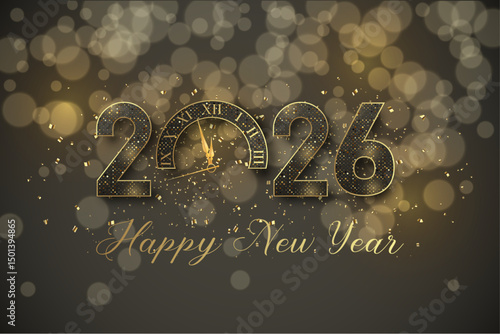 card or banner to wish a happy new year 2026 in black and gold with glitter the 0 is a clock on a black background with circles in bokeh effect