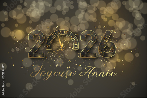 carte ou bandeau pour souhaiter une joyeuse année 2026 en noir et or avec des paillettes le 0 est une horloge sur un fond noir avec des ronds en effet bokeh