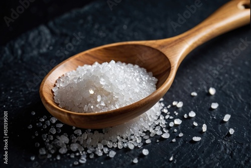 A wooden spoon filled with sea salt sitting on a table