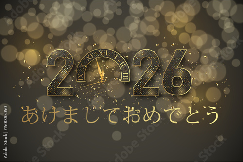 2026年の幸せな新年を願うカードまたはバナー。黒と金でキラキラと輝き、0はボケ効果のある円が付いた黒の背景に時計です。
