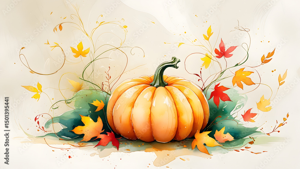 Naklejka premium Watercolor hand drawn fall pumpkin composition, pumpkin and autumn leaves