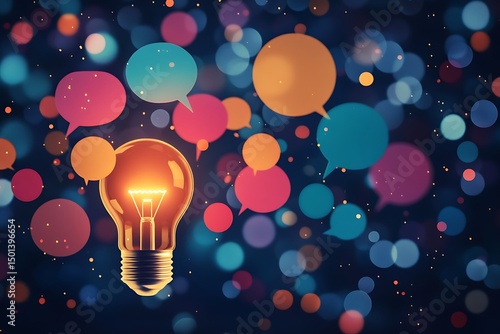A glowing lightbulb surrounded by colorful speech bubbles symbolizing customer feedback and ideas for improvement