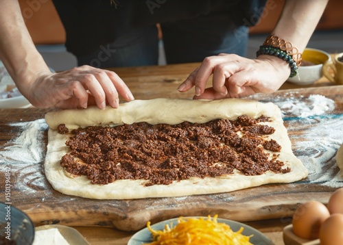 A young girl's flour-covered hands carefully roll dough filled with a rich mixture, embodying the joy of learning to bake cherished family recipes