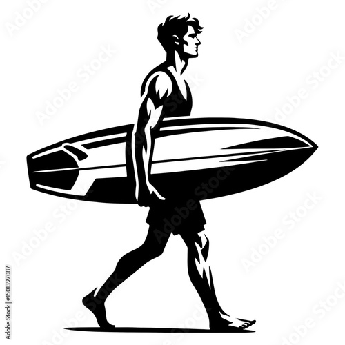 A Male Surfer With Surf Board, Black And White Surfer Silhouette