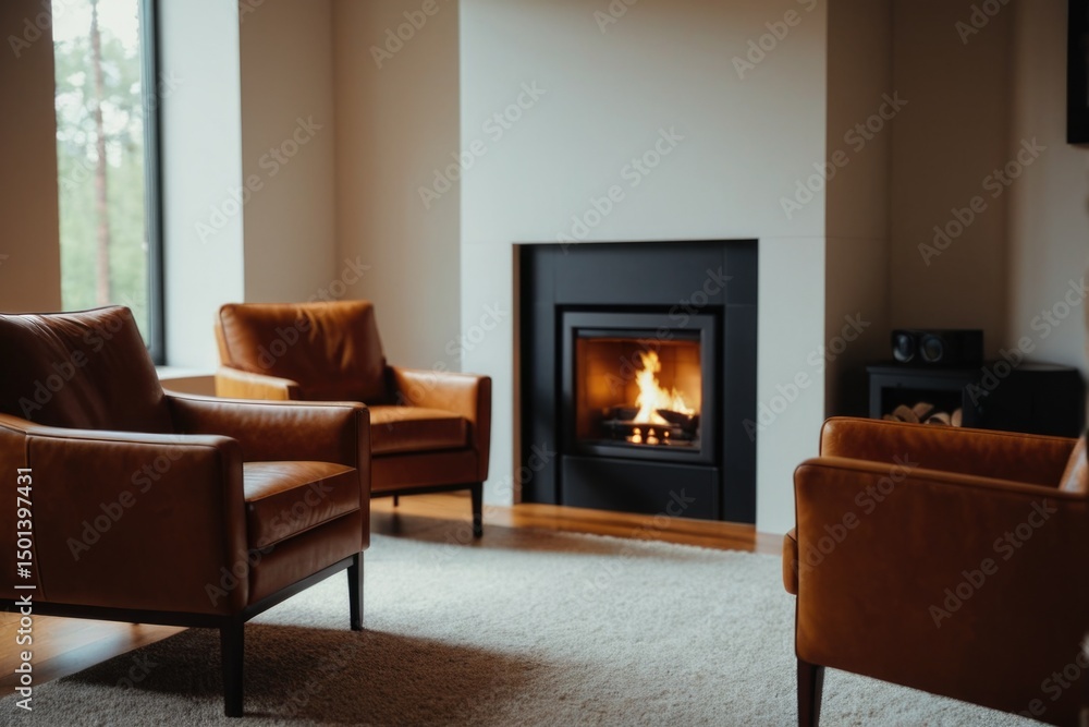 A warm and inviting living room with comfortable furniture and a crackling fireplace A warm and inviting living room with comfortable furniture and a crackling fireplace