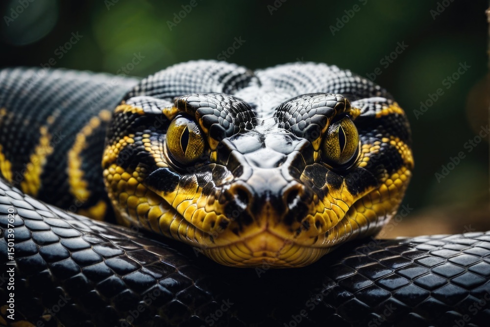 Fototapeta premium A detailed view of a snake's head and body, featuring yellow and black patterns