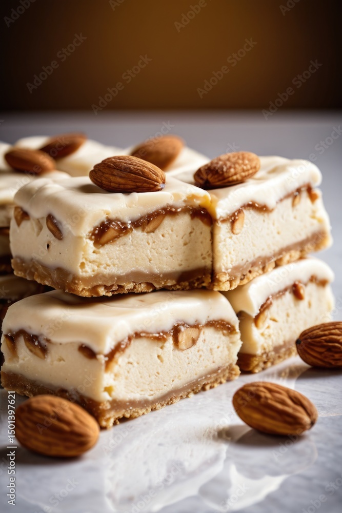 A detailed shot of almonds on top of a cake, suitable for use in recipes, food styling or as a decorative element A detailed shot of almonds on top of a cake, suitable for use in recipes, food styling or as a decorative element