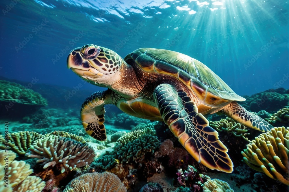 Obraz premium A turtle swims above a vibrant coral reef in the ocean