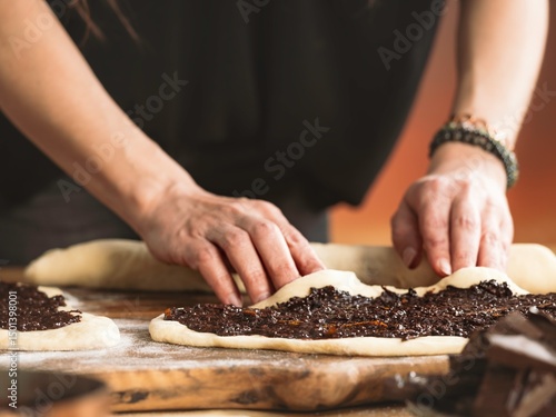 In a cozy kitchen, a young girl rolls out dough, blending flour and chocolate filling with focused determination. This tactile experience nurtures learning, memory, and intergenerational connection
