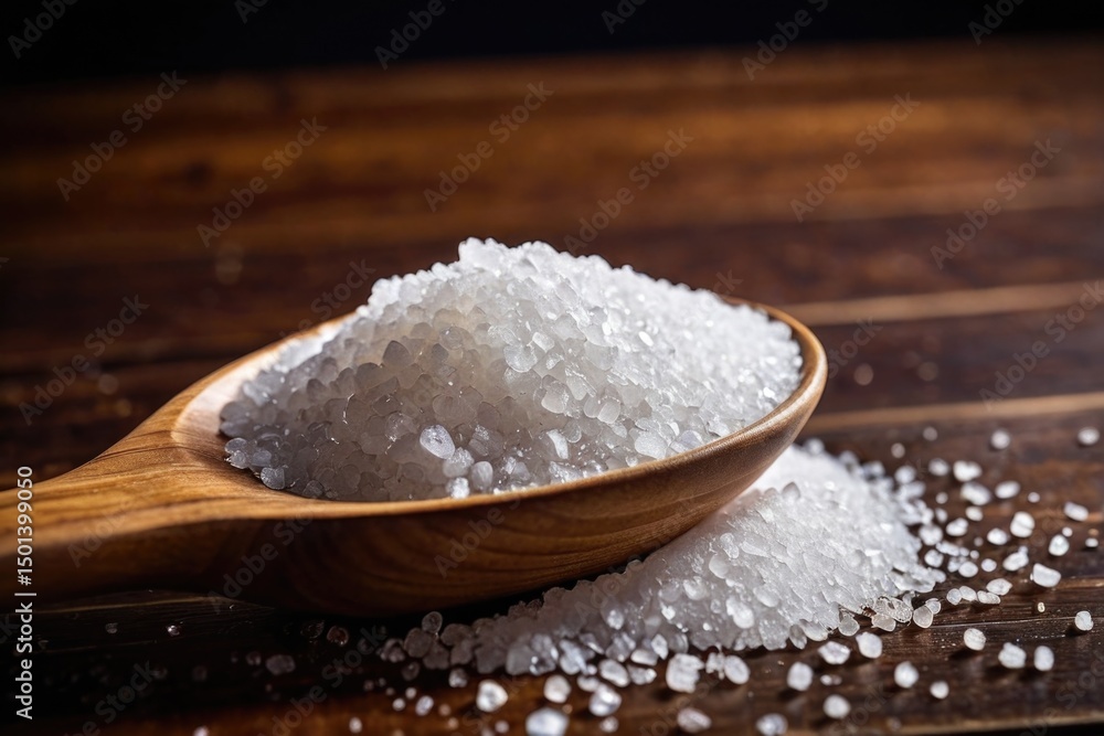 A simple still life image of a wooden spoon filled with white salt, placed on a wooden table A simple still life image of a wooden spoon filled with white salt, placed on a wooden table