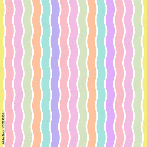 Colorful and delicate seamless pattern with vertical wavy lines in pastel shades of yellow, pink, lilac, mint, blue and peach colors. The pattern creates an atmosphere of lightness, joy and spring moo