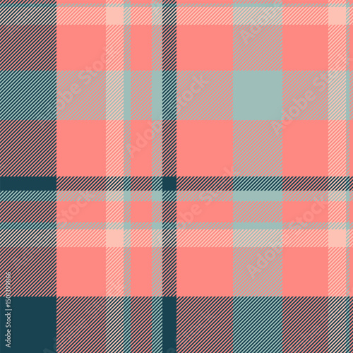 Stylish coral, teal, and gray plaid pattern. Perfect for textile design, apparel, or website backgrounds.  Evokes feelings of warmth, comfort, and modern style.