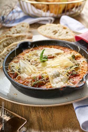 Shakshuka with baked eggs in tomato sauce, topped with melted cheese and basil, served hot in a cast iron skillet with rustic bread on the side.