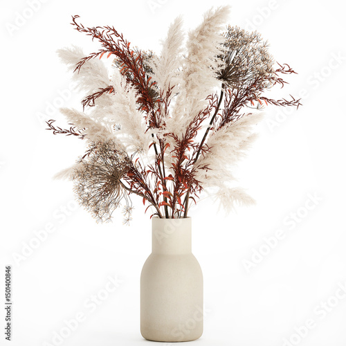 3D illustration Floral white bouquet of dried flowers with branches of cortaderia pampas