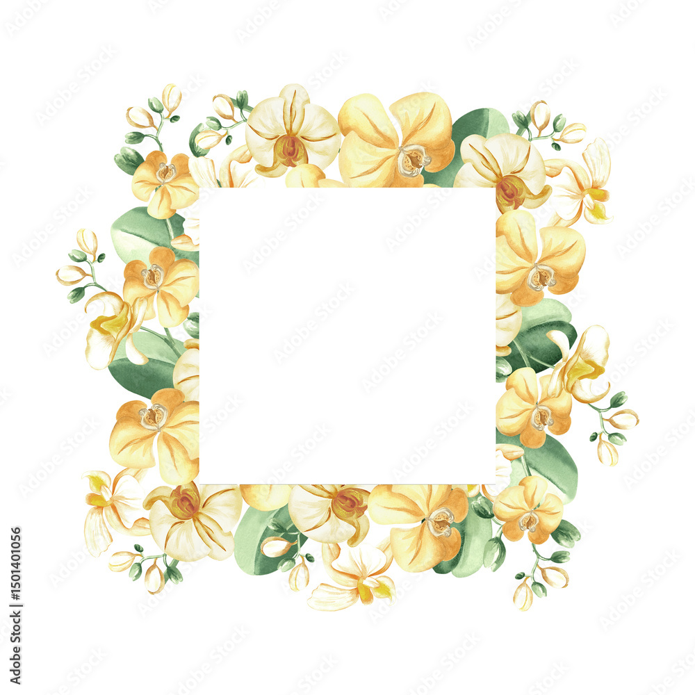 Obraz premium Watercolor frame of yellow orchid flowers and leaves isolated illustration. Botanical border with copy space for summer rainforest designs. Hand drawn tropical clipart of phalaenopsis jungle plants.