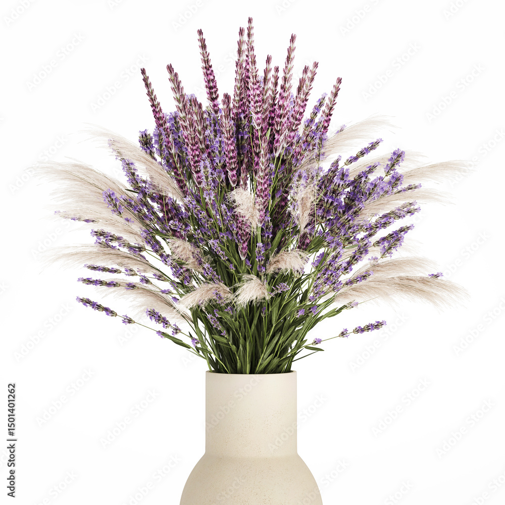 Fototapeta premium 3D illustration Bouquet Of Wild Flowers In Vase Lavender poppy isolated on white background