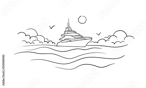 Cruise liner, continious line drawing. Sea ​​transport, sea, recreation line art. Vector illustration