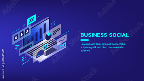 Isometric laptop with charts, graphs, user icons, and chat bubbles, symbolizing digital business analytics and social communication on dark blue background.