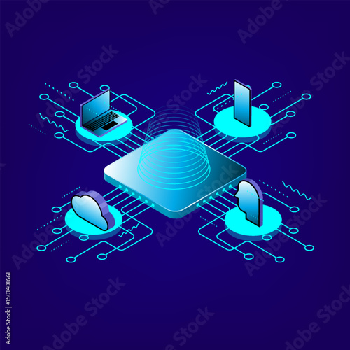 Isometric microchip with connected devices including laptop, cloud, smartphone, and user profile on digital circuit background.