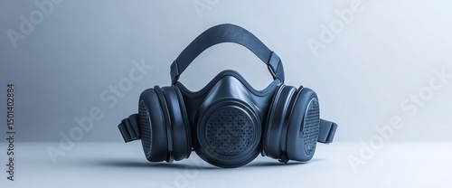 Dramatic close-up of a matte black respirator mask conveying safety and protection