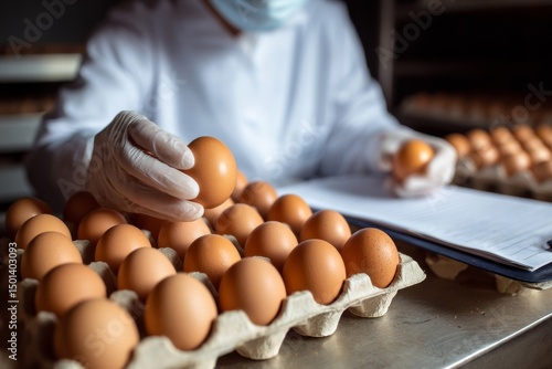 A worker wearing gloves carefully picks fresh eggs from the carton for quality check.