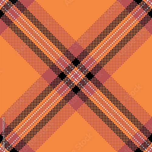 Vibrant autumnal plaid pattern in warm orange, black, and dusty rose hues.  Perfect for fallthemed designs, textile prints, or website backgrounds.