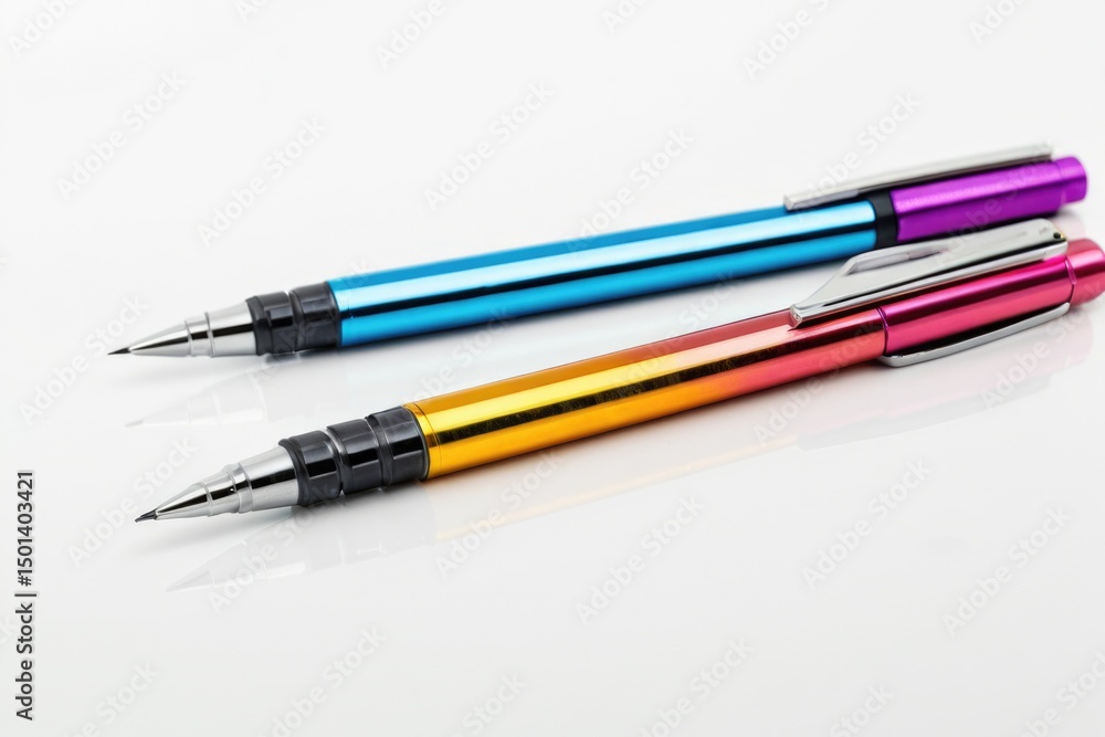 Two pens resting together on a flat surface Two pens resting together on a flat surface