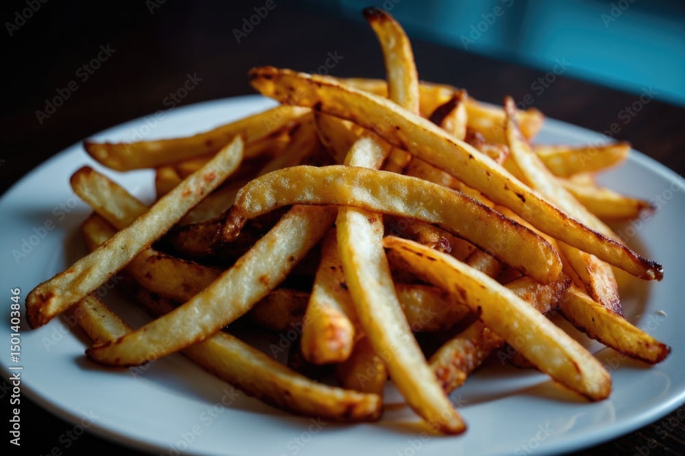 A plate of French fries served on a table A plate of French fries served on a table