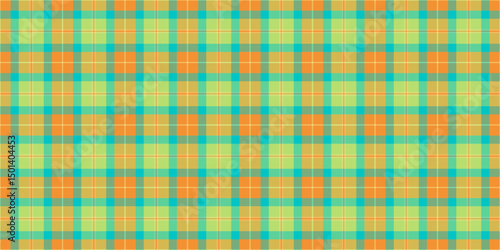 Geometrical tartan check background, direct seamless fabric pattern. Amazing plaid vector texture textile in yellow and mint colors.