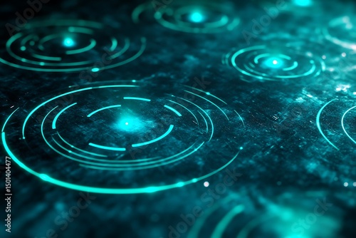 A close-up view of glowing blue concentric circles on a dark surface, depicting a futuristic technology interface.