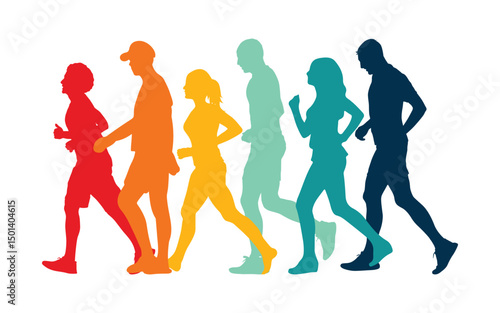 Walking marathon, people run, colorful poster. Vector illustration background silhouette