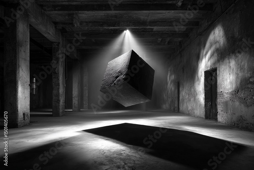 Floating black cube illuminated by soft light in an abandoned building Generative AI
