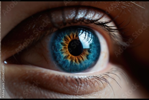 A detailed view of a single blue eye with eyelashes and iris