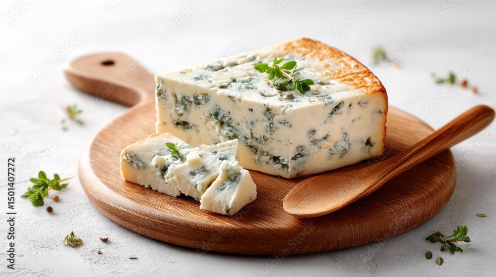 Moldy cheese wedge with blue green spots on wooden board with knife for culinary presentation and gourmet food display Moldy cheese wedge with blue green spots on wooden board with knife for culinary presentation and gourmet food display