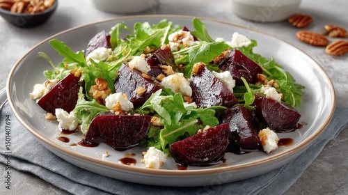 Fresh gourmet salad with sliced beets, goat cheese crumbles, arugula, walnuts, and balsamic vinaigrette for healthy meal inspiration