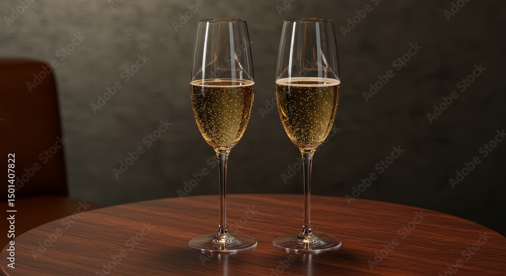 Photo of Two Champagne Glasses on Wooden Table with Bubbles Photo of Two Champagne Glasses on Wooden Table with Bubbles