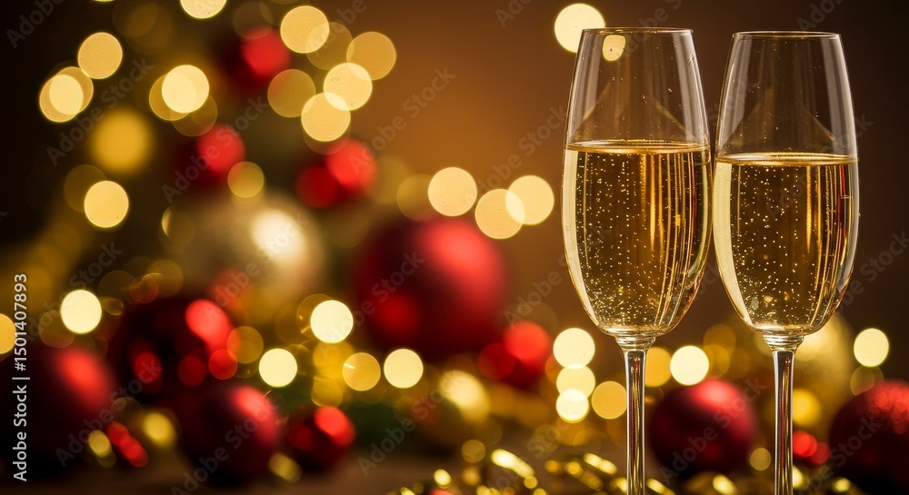 Photo of Two Champagne Glasses Toasting Festive Red And Gold Decorations Photo of Two Champagne Glasses Toasting Festive Red And Gold Decorations