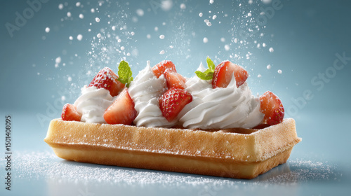 Belgian waffle dessert with whipped cream, fresh strawberries, and powdered sugar sprinkle for delicious breakfast or sweet treat design