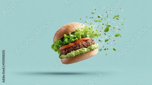 Dynamic veggie burger explosion with fresh lettuce and tomato on blue background for creative design projects