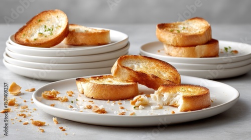 Leftover morning breakfast scene with half-eaten toast and crumbs on plates for kitchen decor