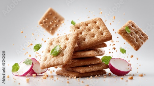 Crunchy whole grain crackers with hummus smears and fresh radish on light background for healthy snack concepts