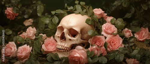 Fototapeta Naklejka Na Ścianę i Meble -  Skull among pale pink roses