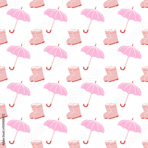 Sweet seamless pattern with pink umbrellas and rain boots on a white background, ideal for spring, baby, and rainy day designs.