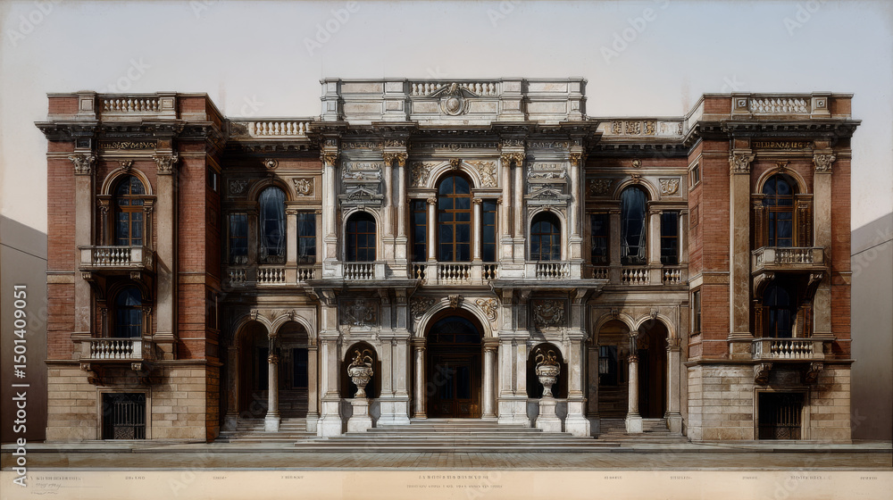 Obraz premium Classic antique building facade. Vector realistic illustration of brick and stone palace exterior wall decorated with vase sculpture, arches, balustrade on balconies, elegant white marble architecture