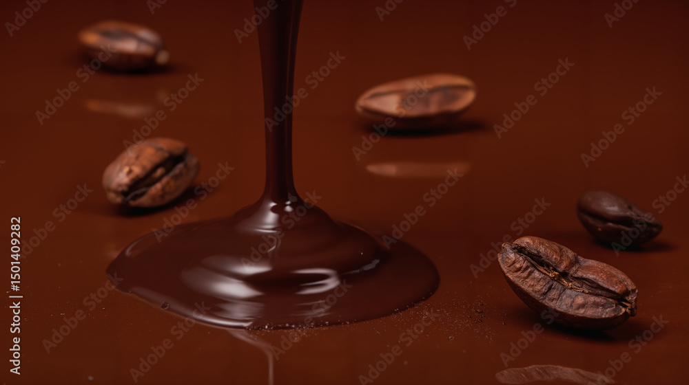 Melted Chocolate Pouring Over Cocoa Beans – Rich Brown Background with Smooth Chocolate Drips for World Chocolate Day Celebrations and Confectionery Marketing Melted Chocolate Pouring Over Cocoa Beans – Rich Brown Background with Smooth Chocolate Drips for World Chocolate Day Celebrations and Confectionery Marketing