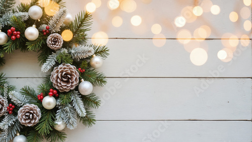 Festive Holiday Wreath - Pine Cones, Ornaments, and Evergreen Branches on Rustic Wood Background for Seasonal Shopping Promotions and Holiday Deals Advertisements
