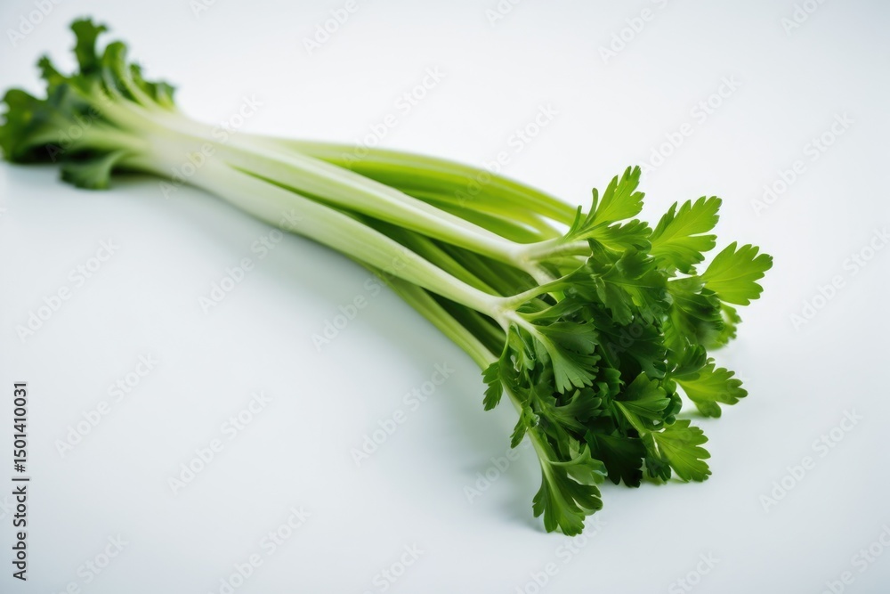 A bunch of fresh celery placed on a clean white surface A bunch of fresh celery placed on a clean white surface
